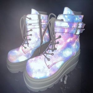NEW Demonia X iHR Super Stacked Purple Galaxy Reflective Platform Boots